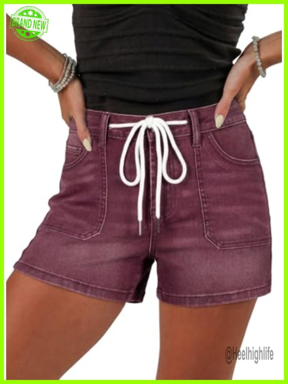 High Waisted Stretchy Drawstring Denim Jean Shorts with Pockets